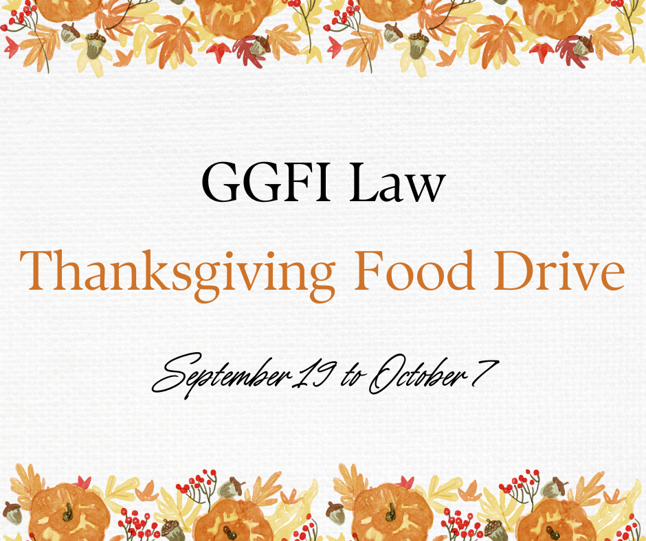Floral border with text 'GGFI Law Thanksgiving Food Drive. September 19 to October 7'